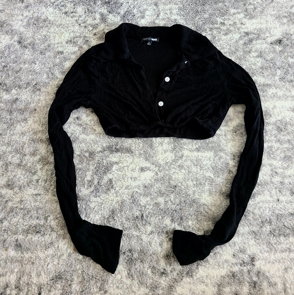 Cropped Ribbed Long Sleeve Collared Shirt